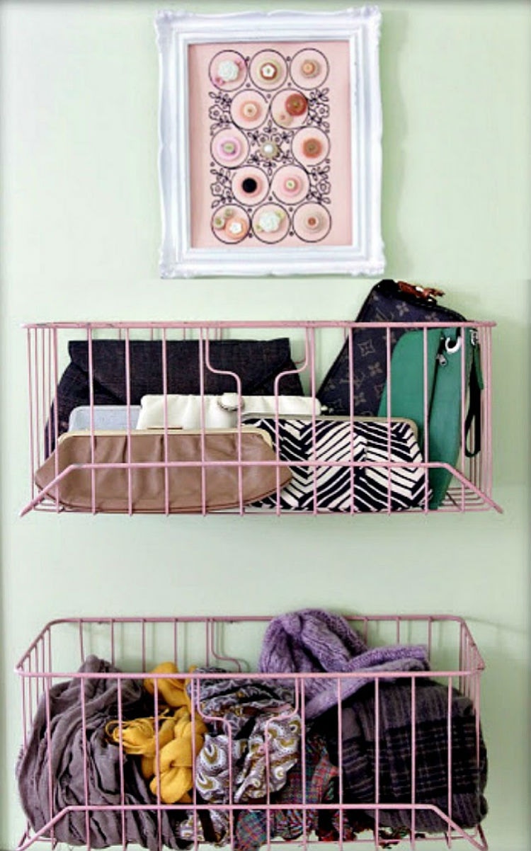 Hang wire baskets on the back of a door.