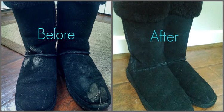 Clean dirt and salt off suede and leather boots with equal parts water and vinegar.