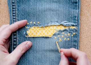 Add patchwork to ripped jeans.
