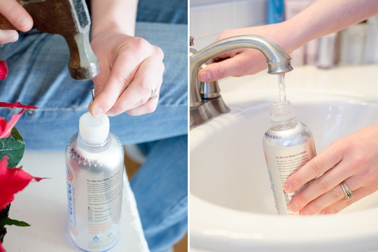 someone hammering a nail through plastic bottle lid and filling bottle with water