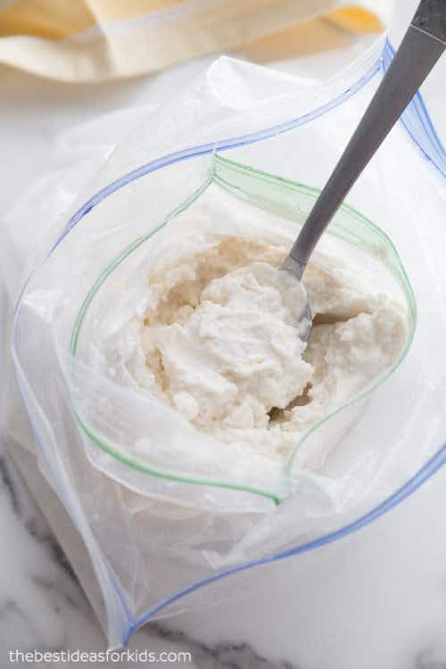 ice cream formed in a plastic bag with a spoon in it