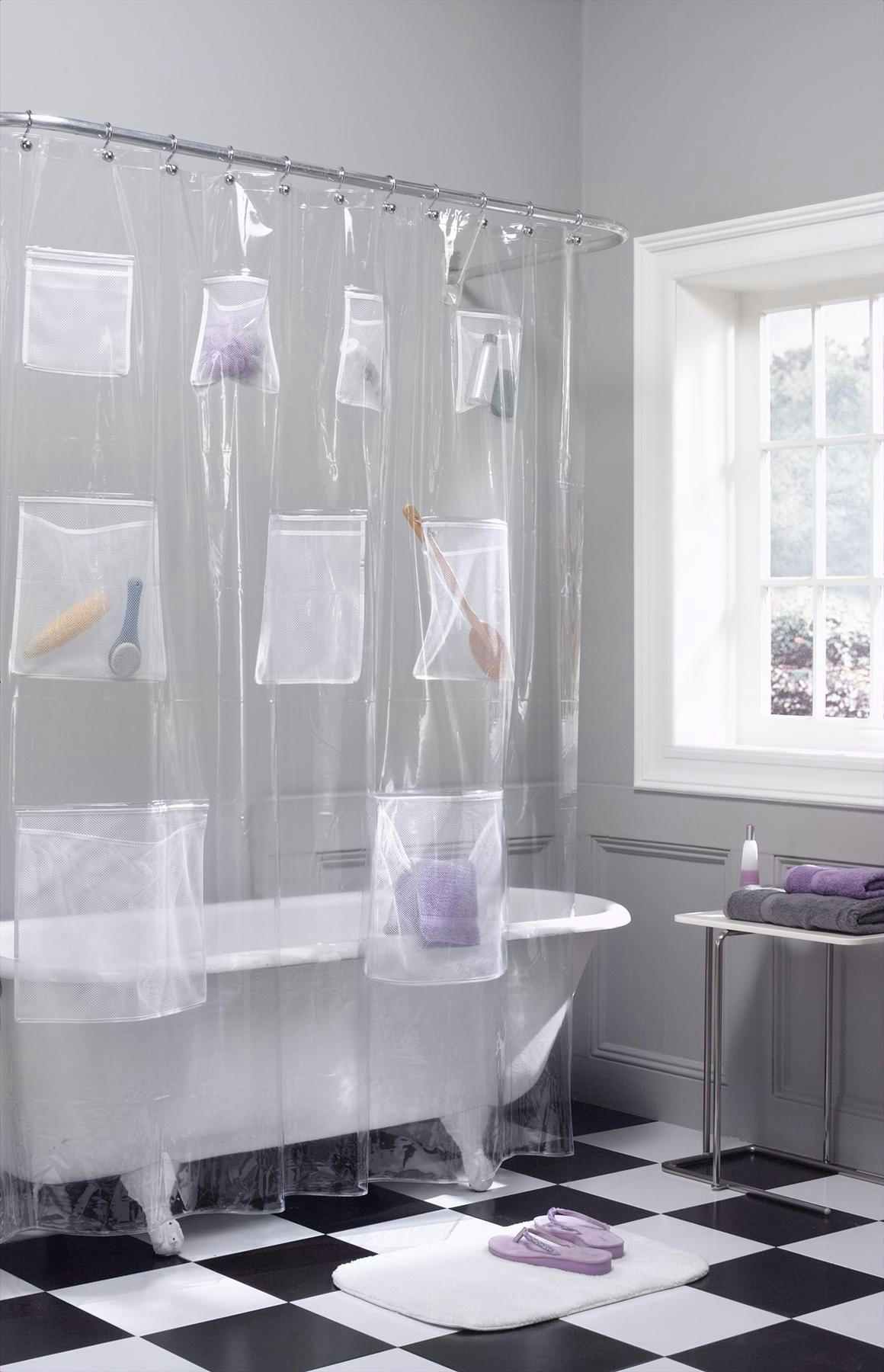 Hang a shower curtain with storage pockets.