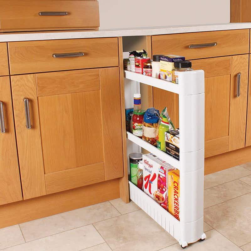 Fill narrow, empty spaces with a slide-out storage towers.