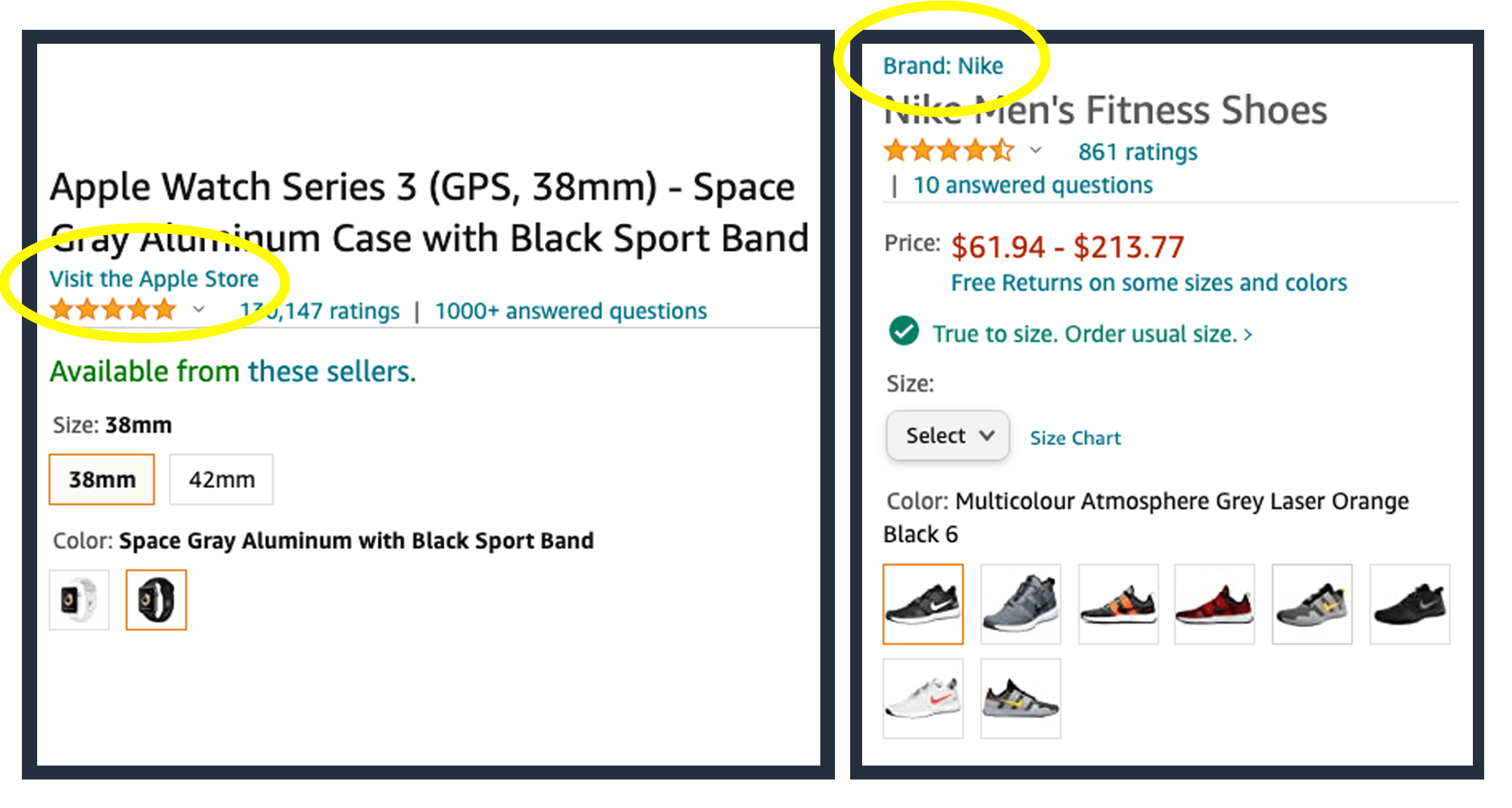 Two screenshots from amazon.com, one for Nike brand shoes and one for an Apple watches.