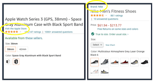 Two screenshots from amazon.com, one for Nike brand shoes and one for an Apple watches.