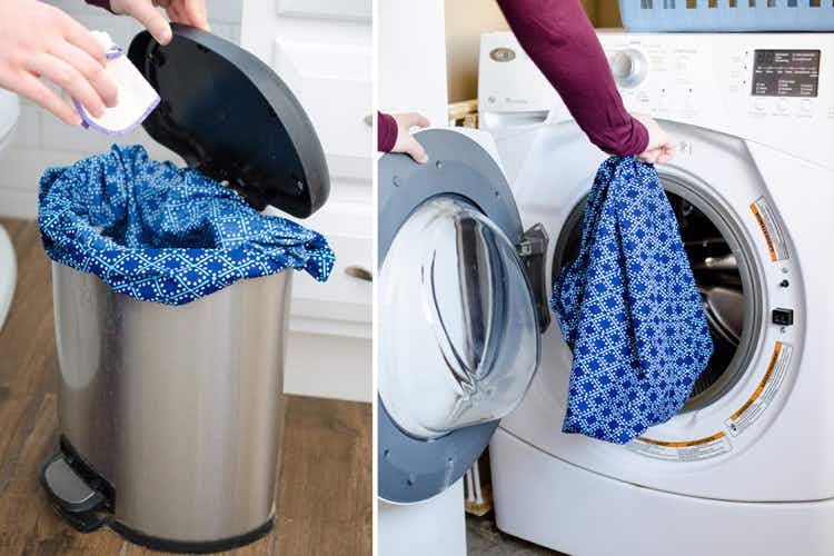 Reusable toilet paper being tossed into a bin and dryer