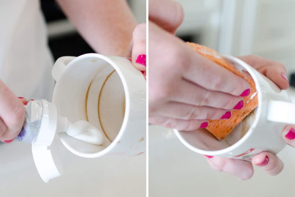 Remove coffee or tea stains from a mug.