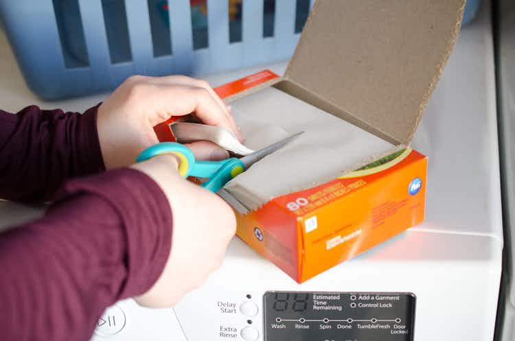Dryer sheets in box being cut in half