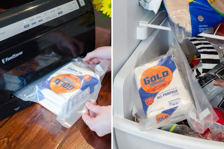 Keep flour fresh and prevent bugs from getting in by sealing and freezing whole bags.
