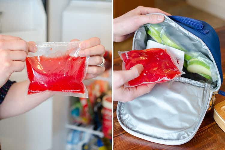 Make fun ice packs for kids lunches with food coloring.