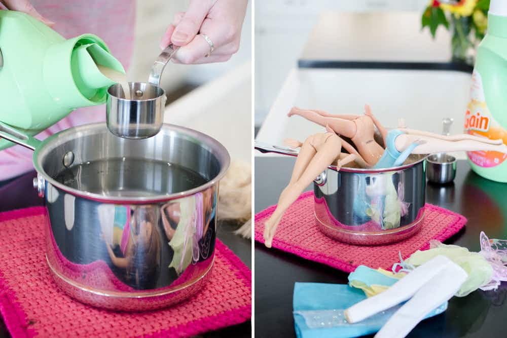 Soak tangled Barbie hair in a solution of fabric softener and hot water.