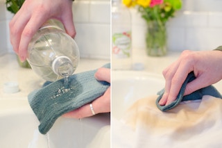 Dab white vinegar on coffee and tea stains before washing.
