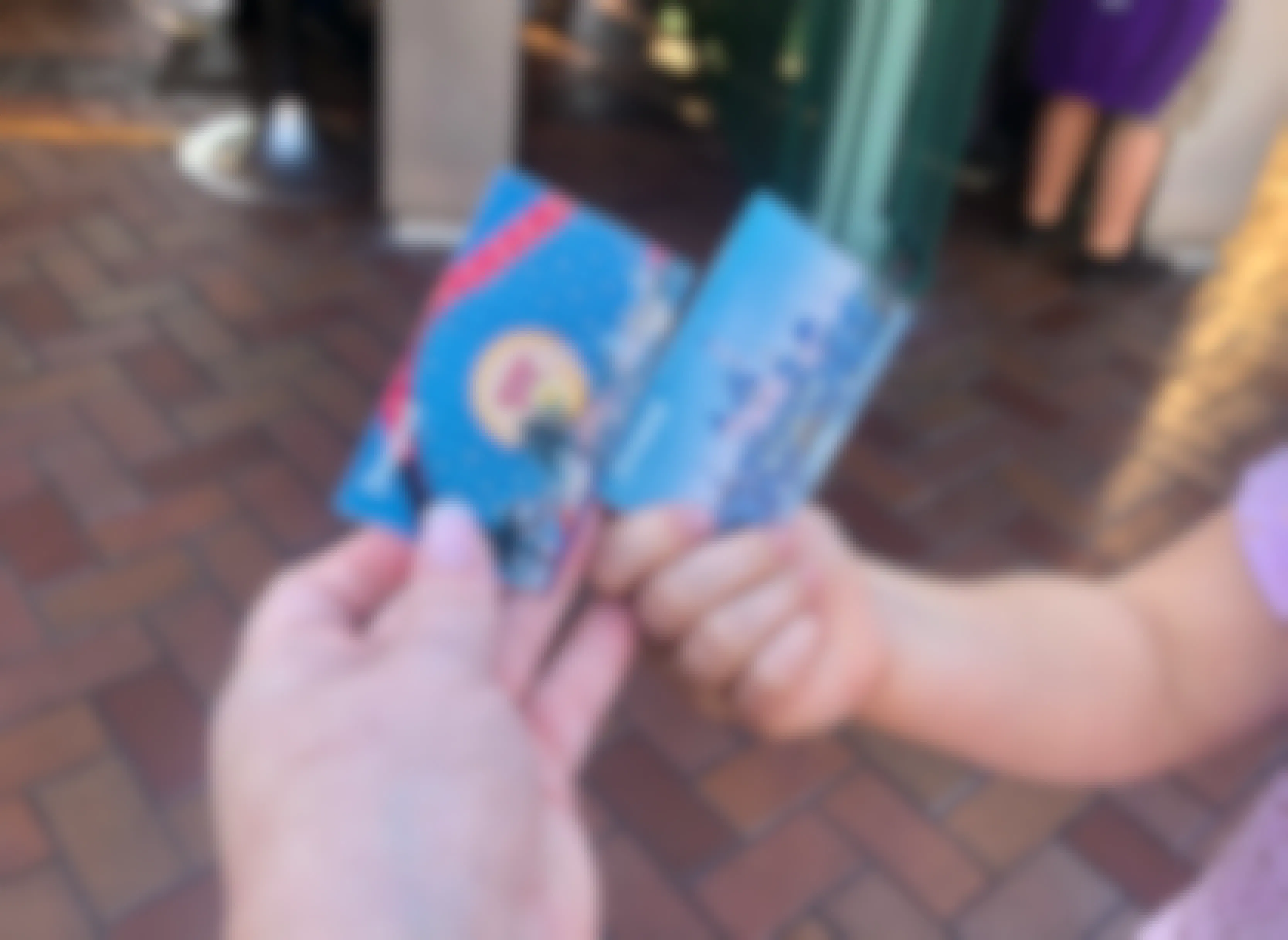 A mother and child hold up their tickets at Disneyland.