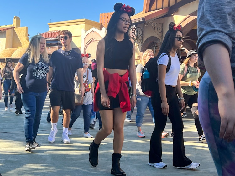 Patrons walking through a crowd at a Disney park.