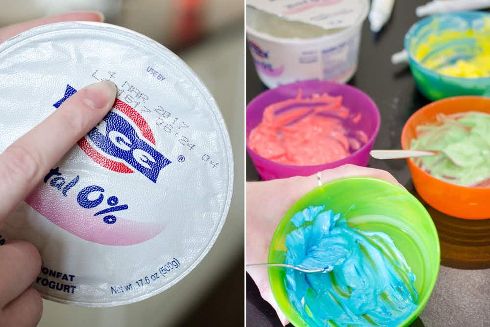 Someone making finger paint with expired Greek yogurt.