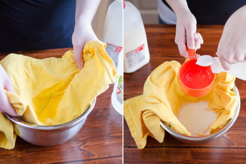 soak ink-stained fabric in a solution of milk and vinegar.