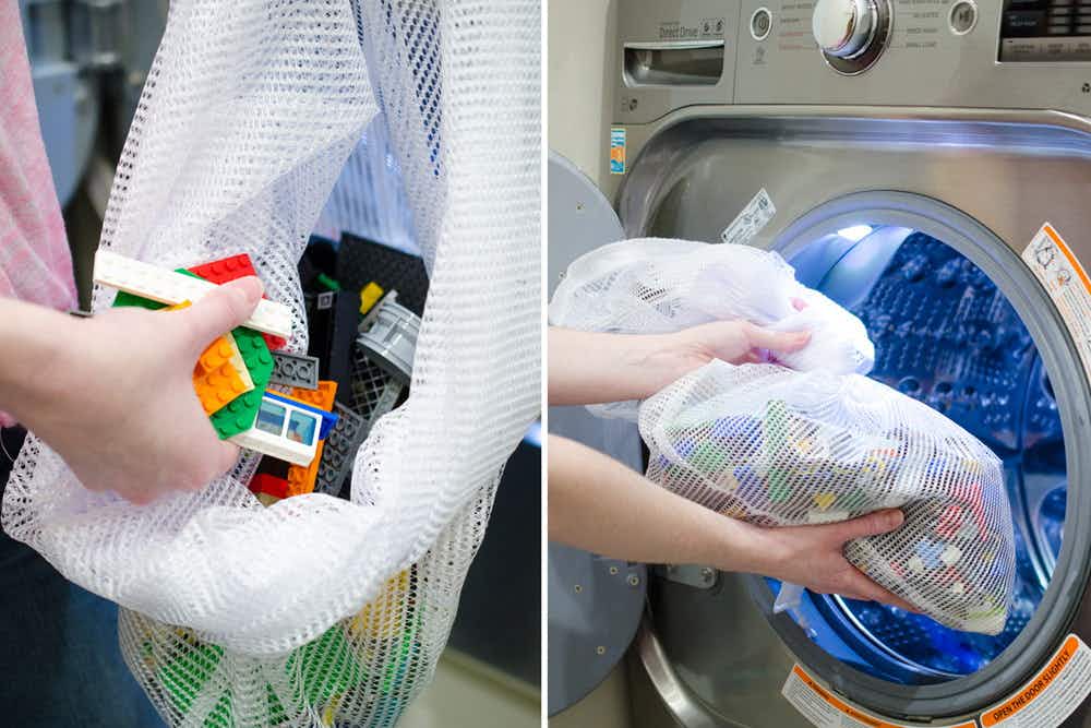 Put LEGOs in a mesh bag and wash them monthly in the washing machine.