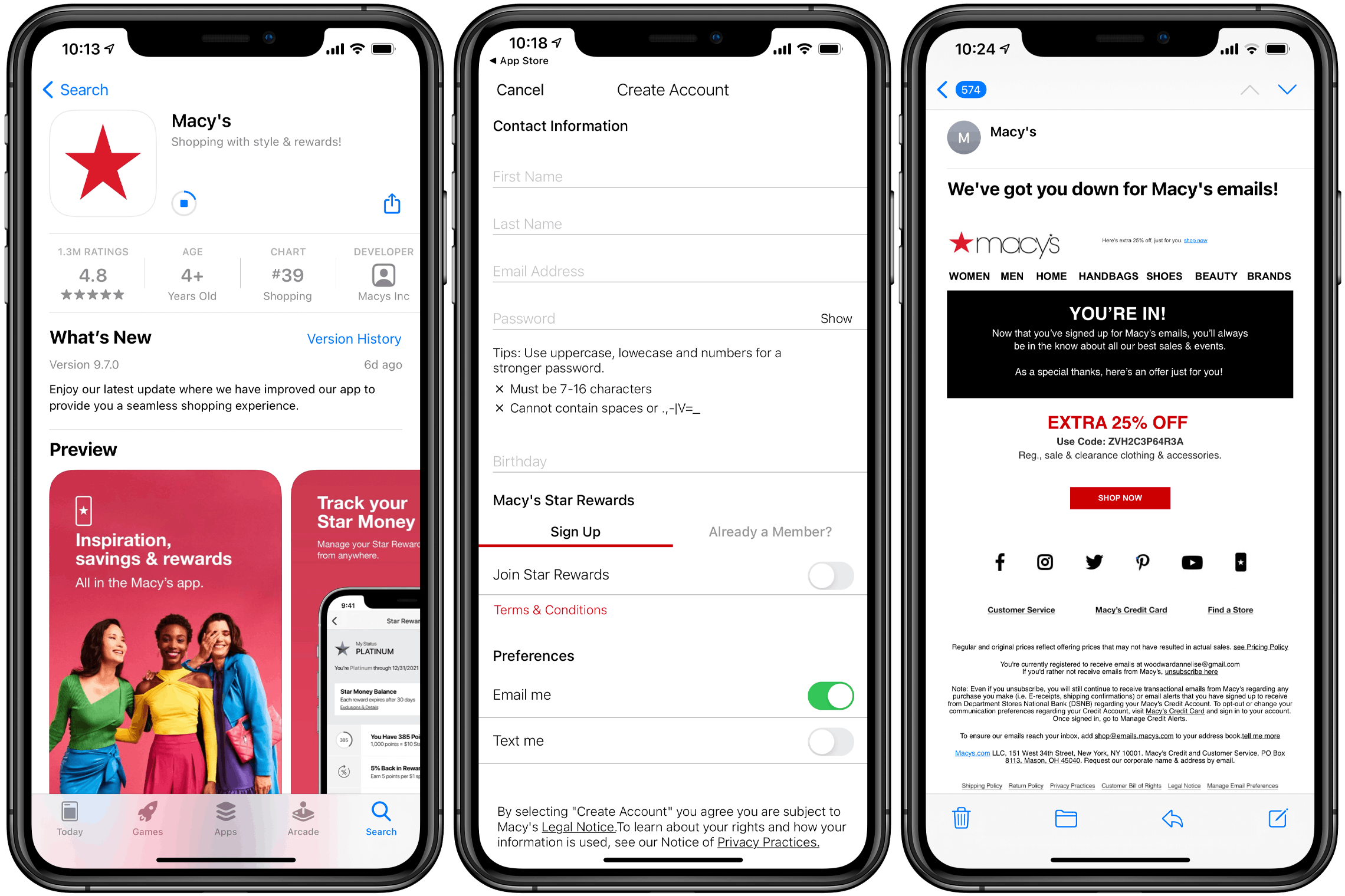 Macy's app, signup page, and email coupon