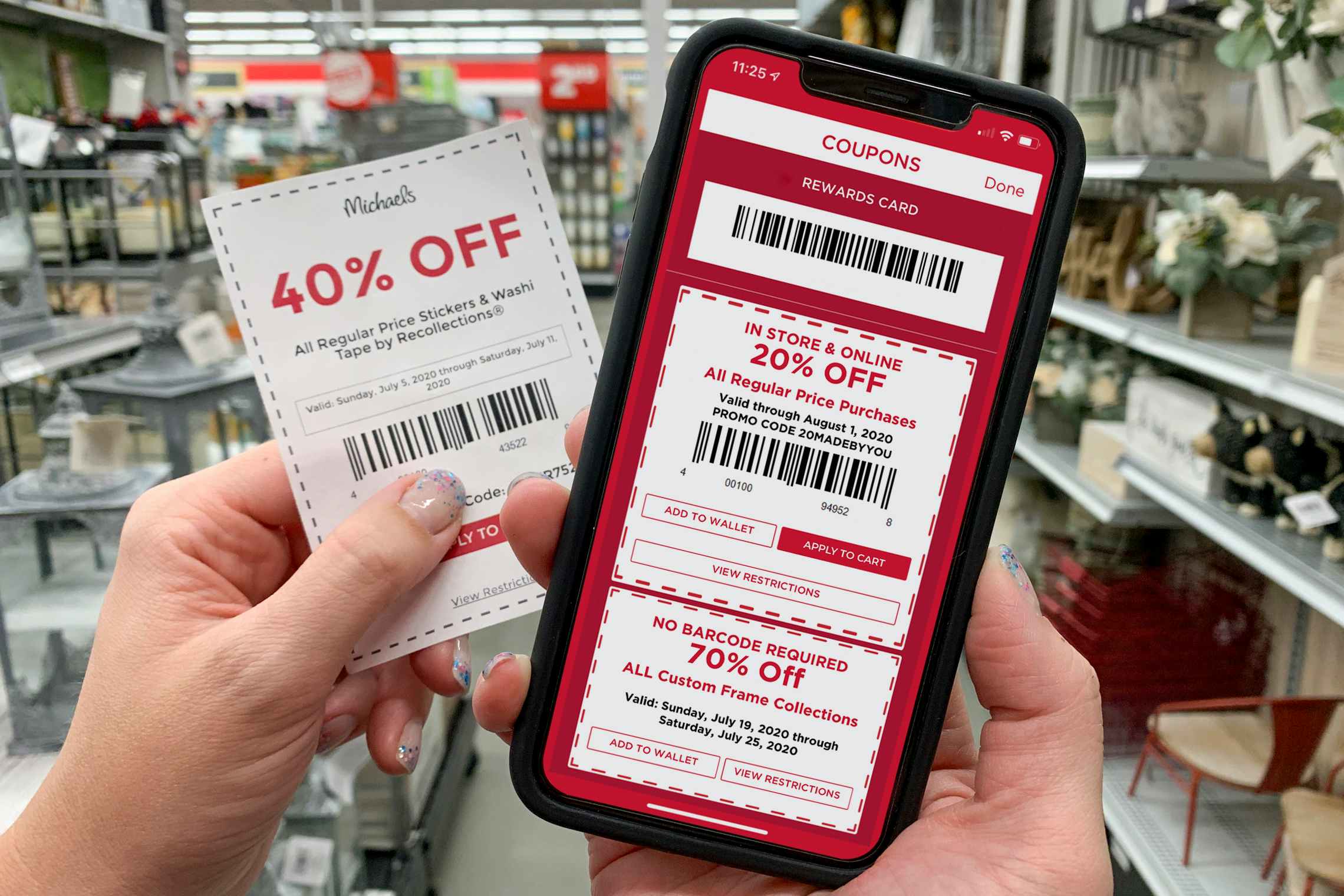 A printed 40% off Michaels coupon held next to a 20% off coupon on the app.