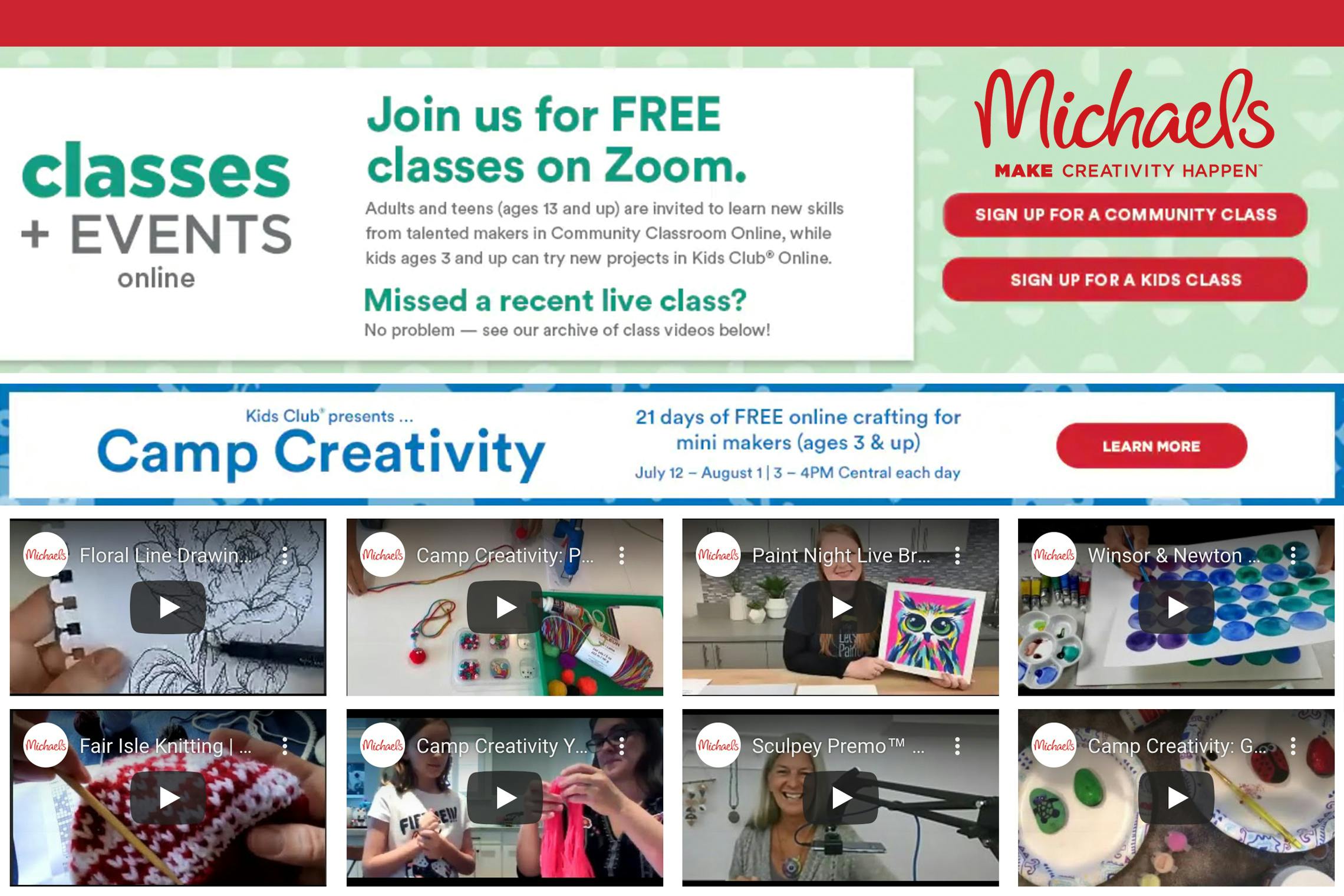 Screenshot of Michaels zoom classes and events.