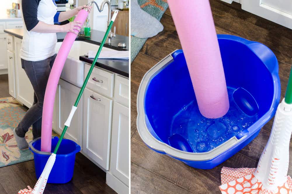 Use a pool noodle to fill your mop bucket.
