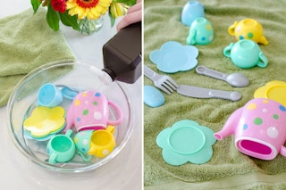 Soak plastic toys in hydrogen peroxide.