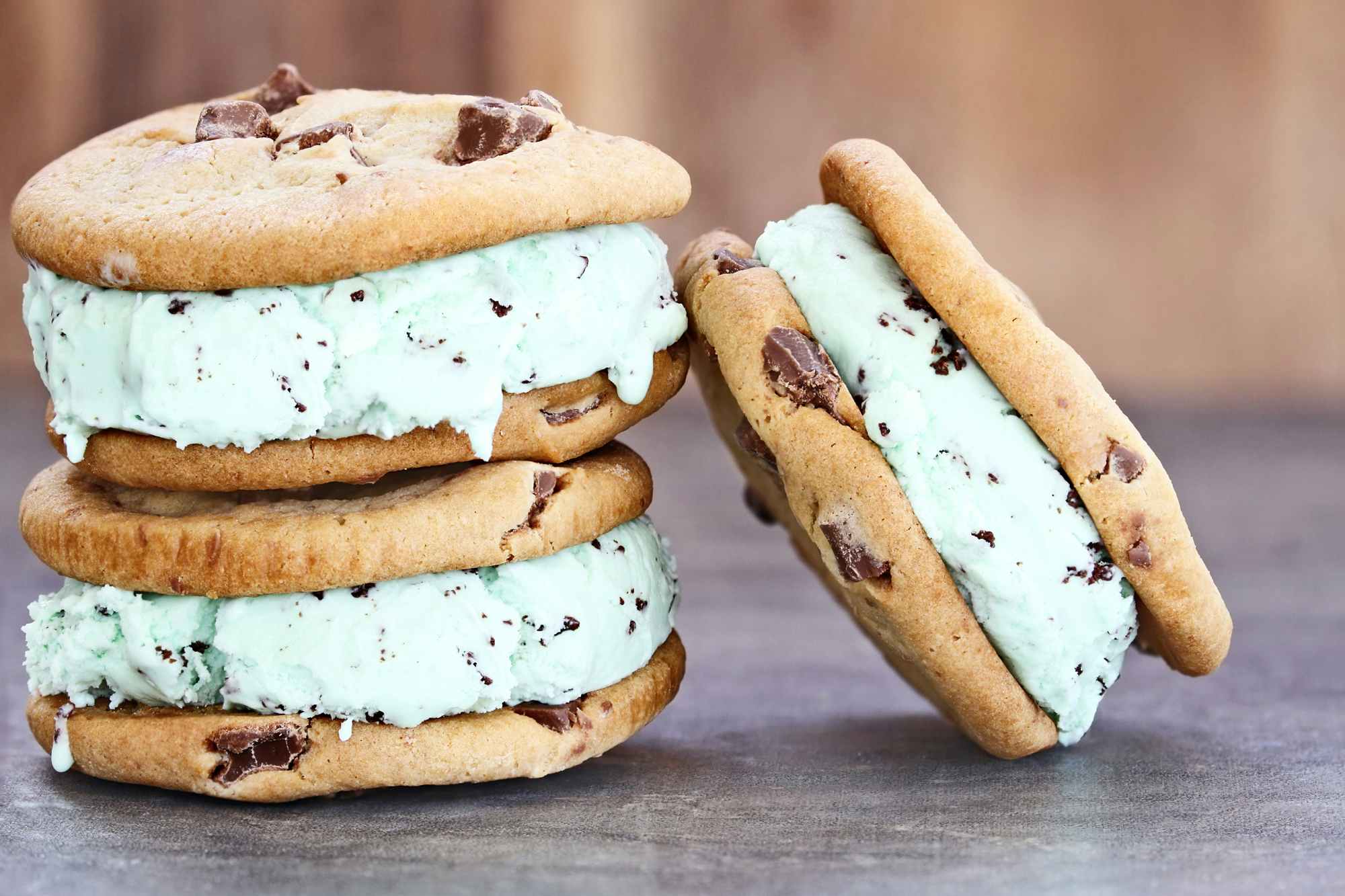 Some mint chocolate chip ice cream sandwiches