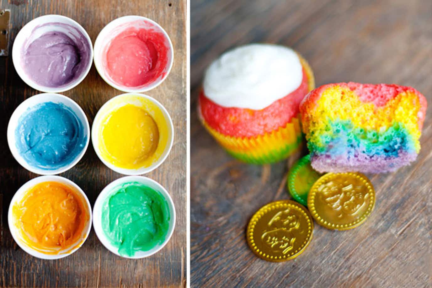Cups of different colored batter next to some rainbow cupcakes