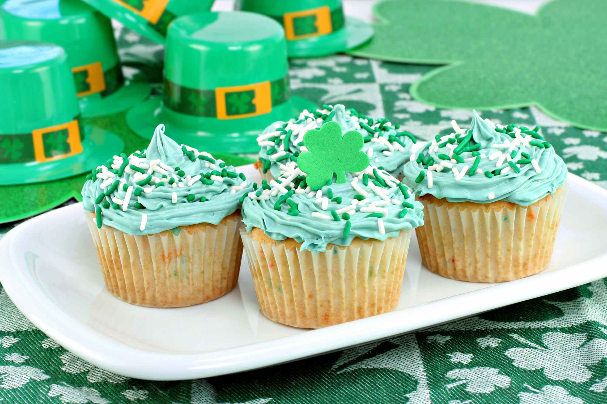 A plate of cupcakes decorated for St Patrick's Day
