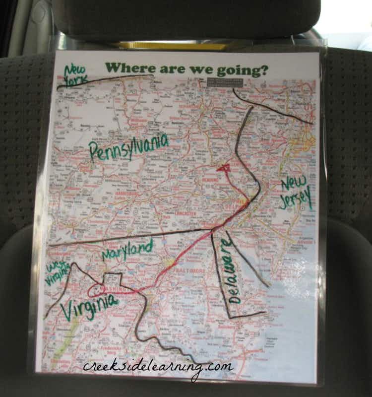 Laminate a map of your route and have kids cross off cities you drive through.