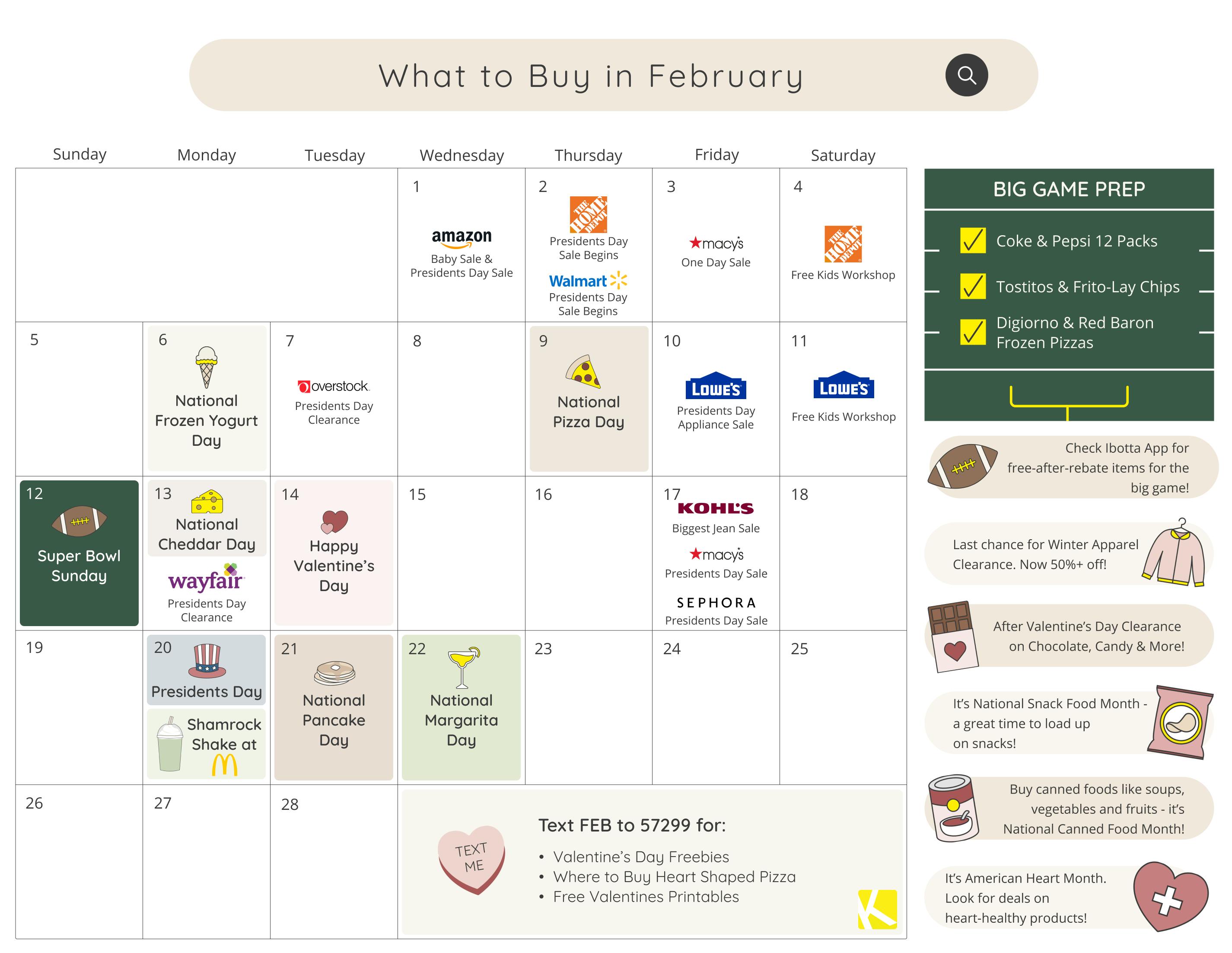 A calendar showing what to buy in February and when to buy it.