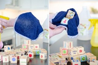 Use a one-part vinegar, one-part water solution to disinfect wooden toys.