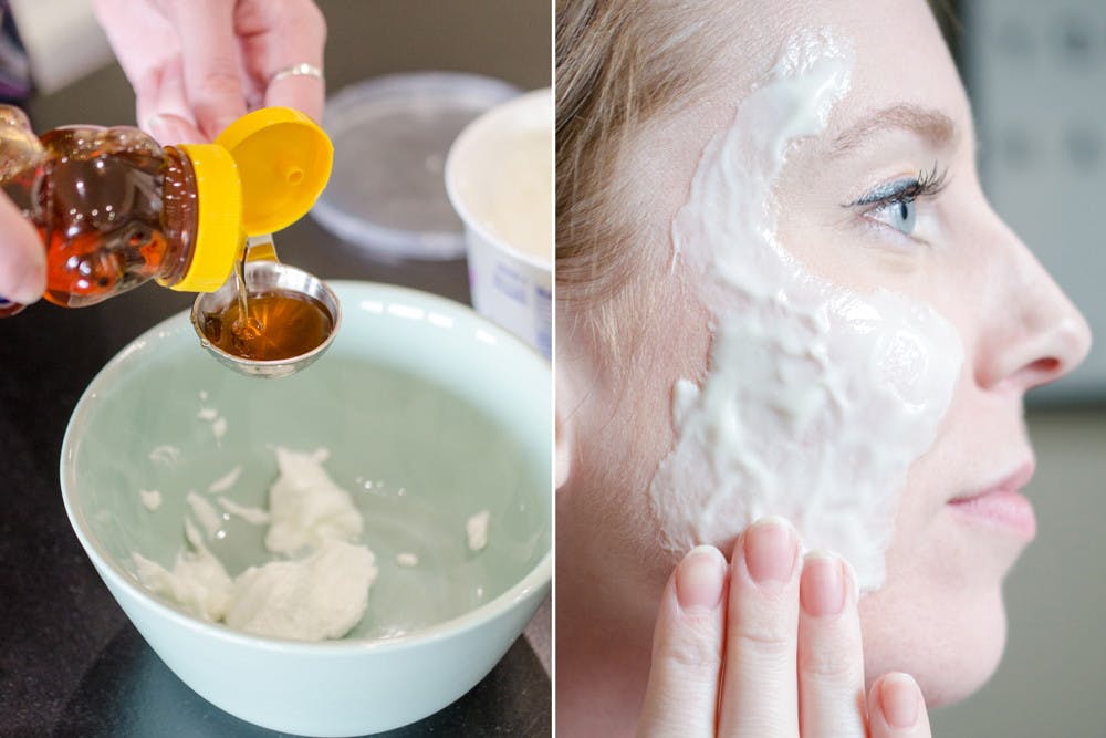 A person pouring honey into a bowl next to a person putting a face mask on.