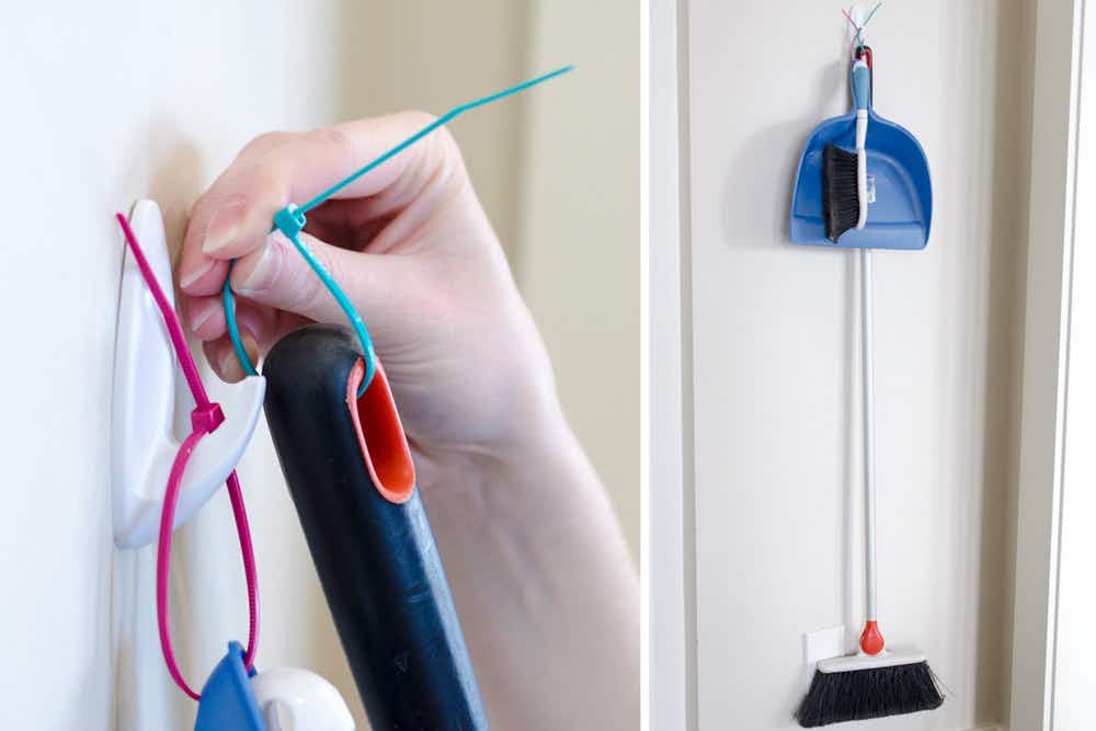 Make it easier to hang mops and brooms with a zip tie.