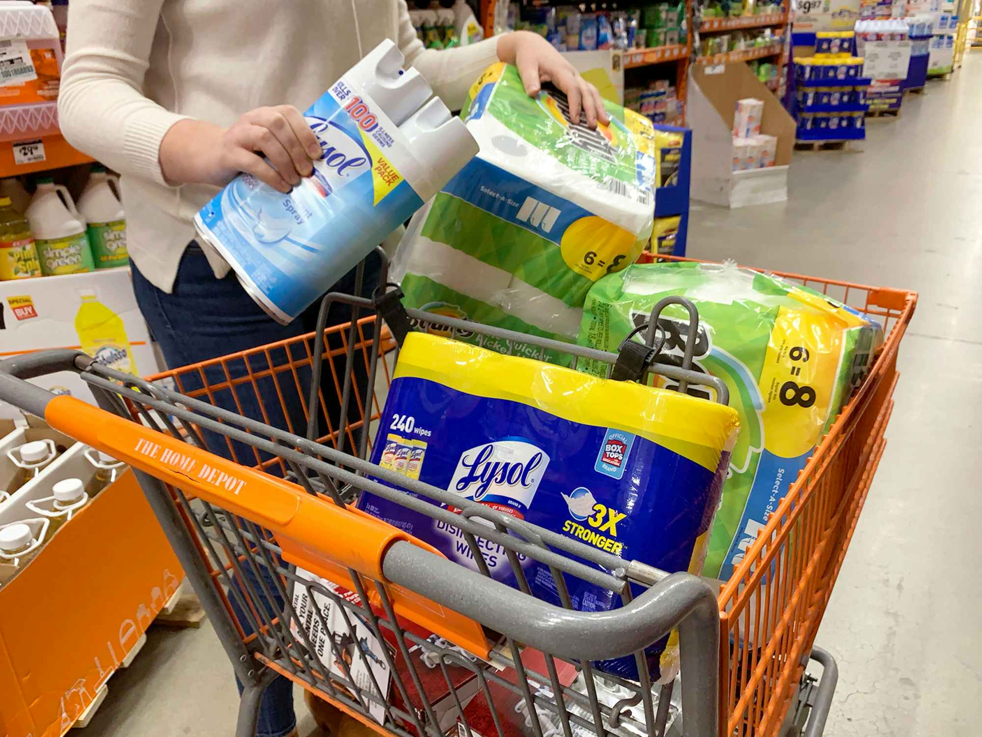 A Home Depot cart filled with cleaning supplies.