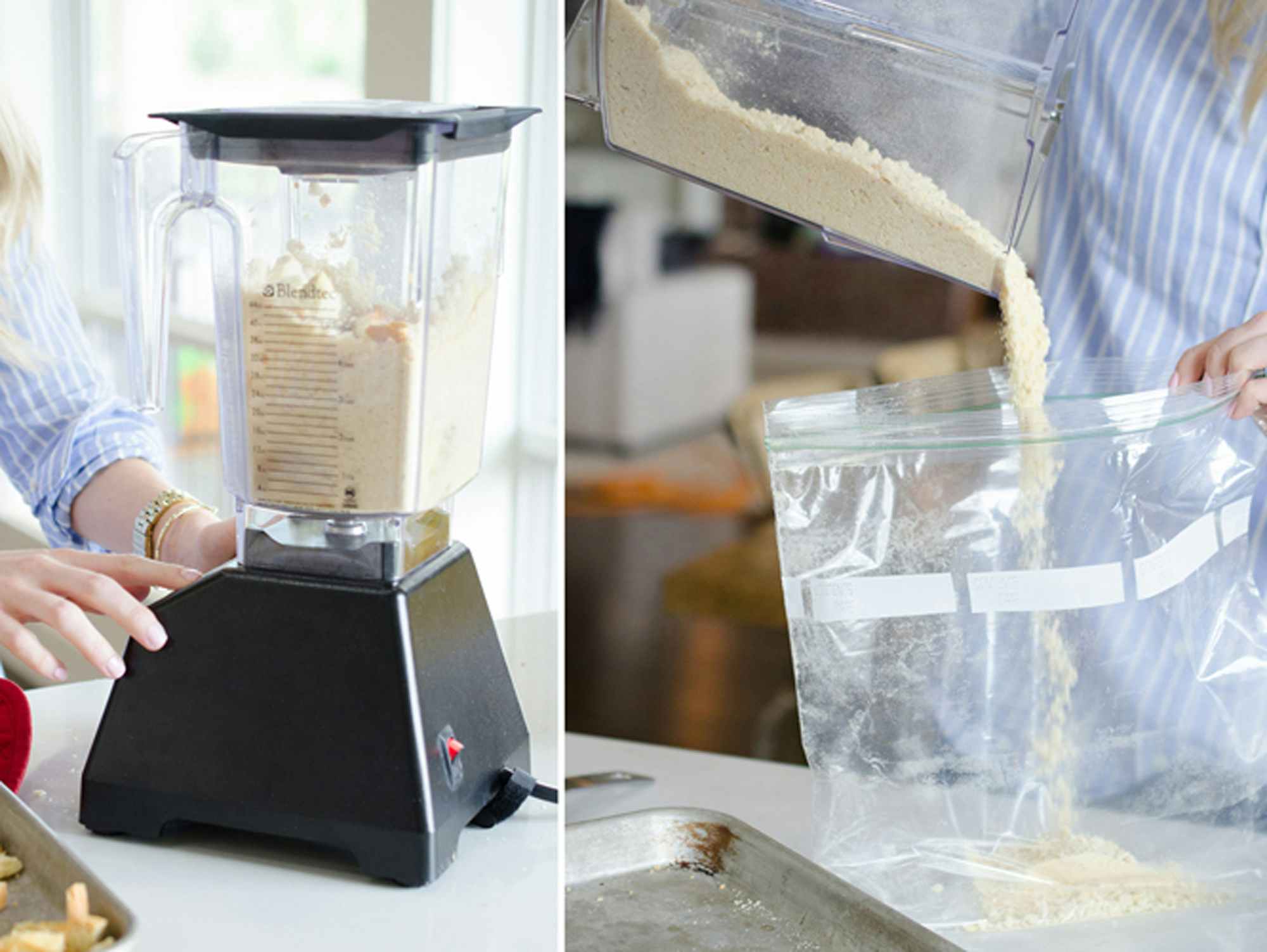 a person putting breadcrumbs into a blender