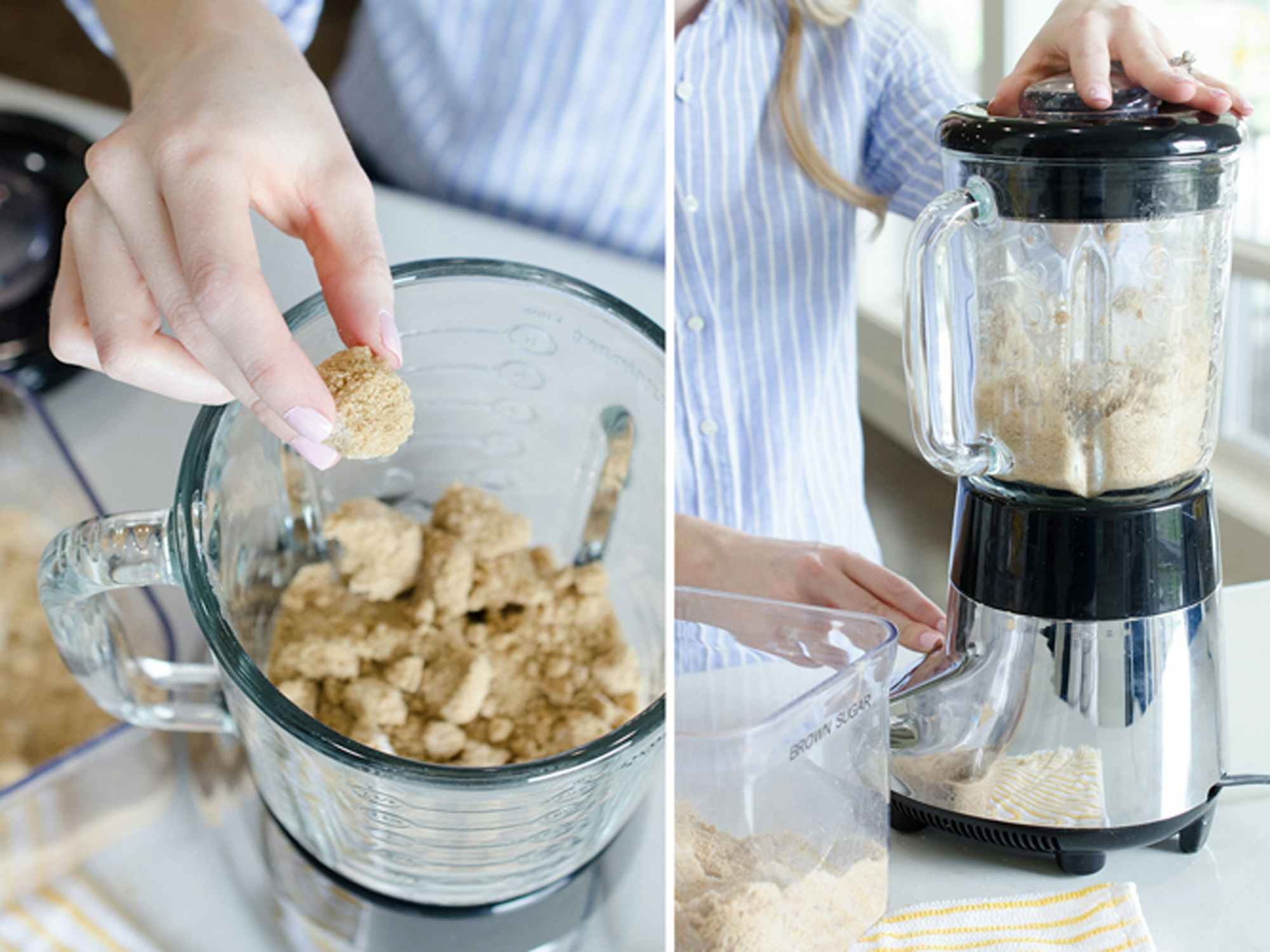 a person putting brown sugar into a blender