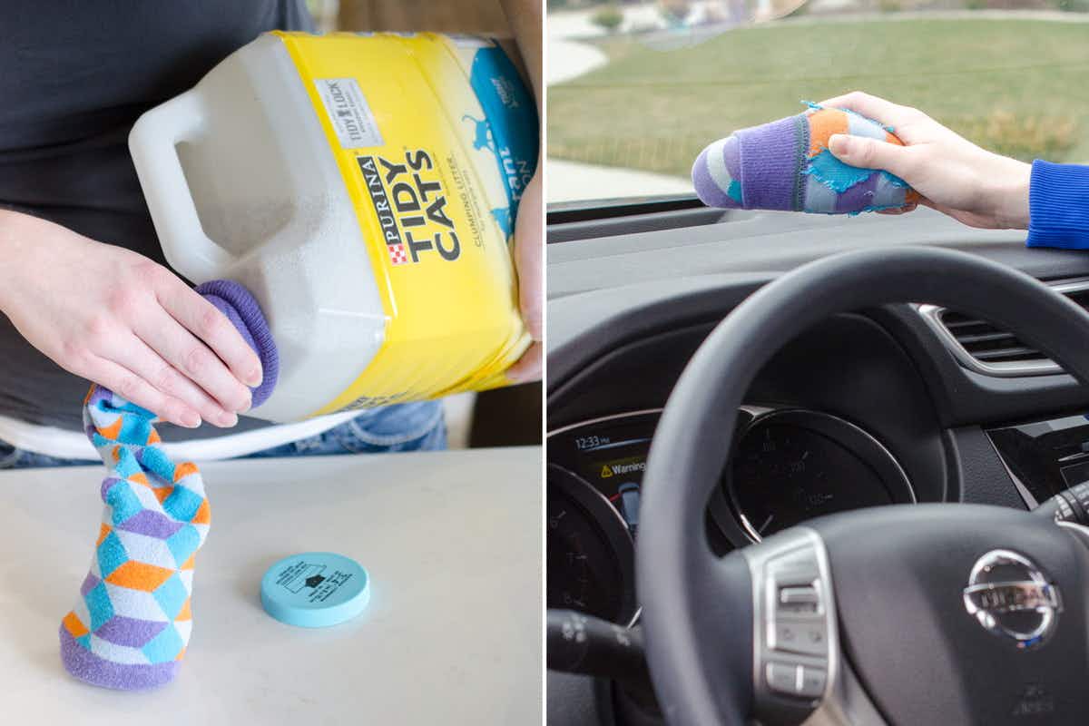 A person pouring cat litter into a sock next to a person placing a sock on a car dashboard.