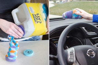 A person pouring cat litter into a sock and putting it on the car dashboard.