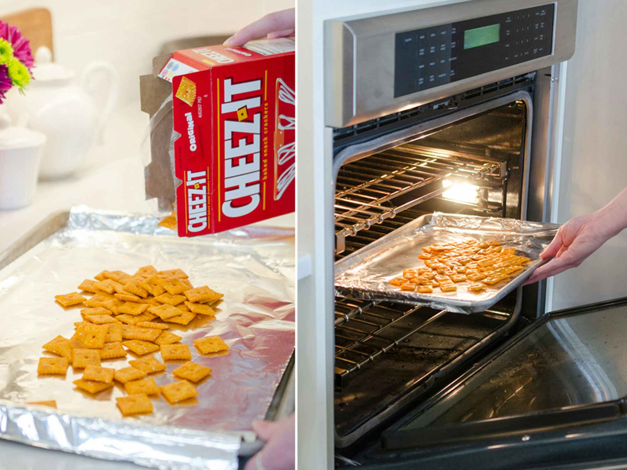 a person putting cheez its into an oven
