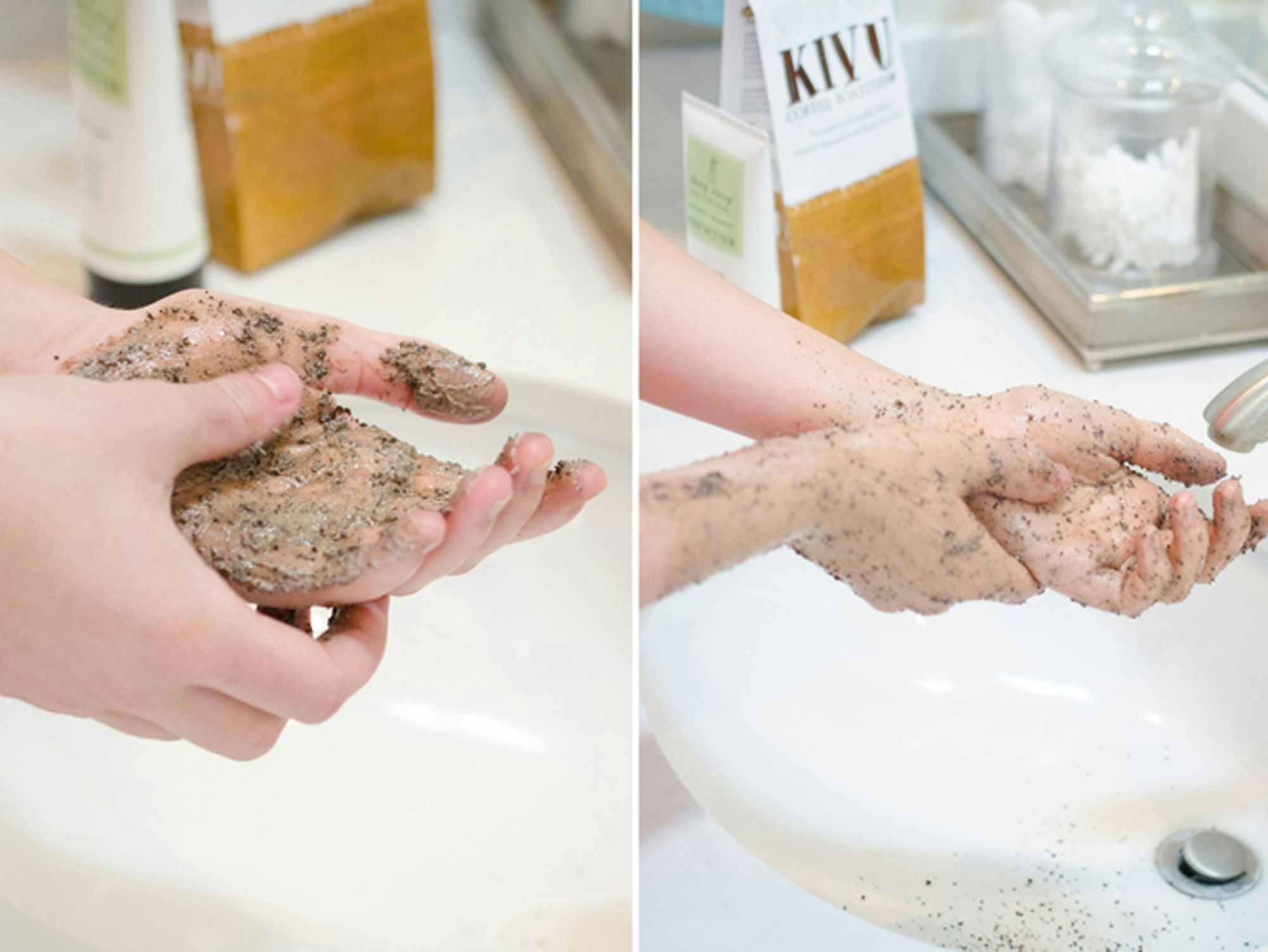a person using coffee grounds as a body scrub