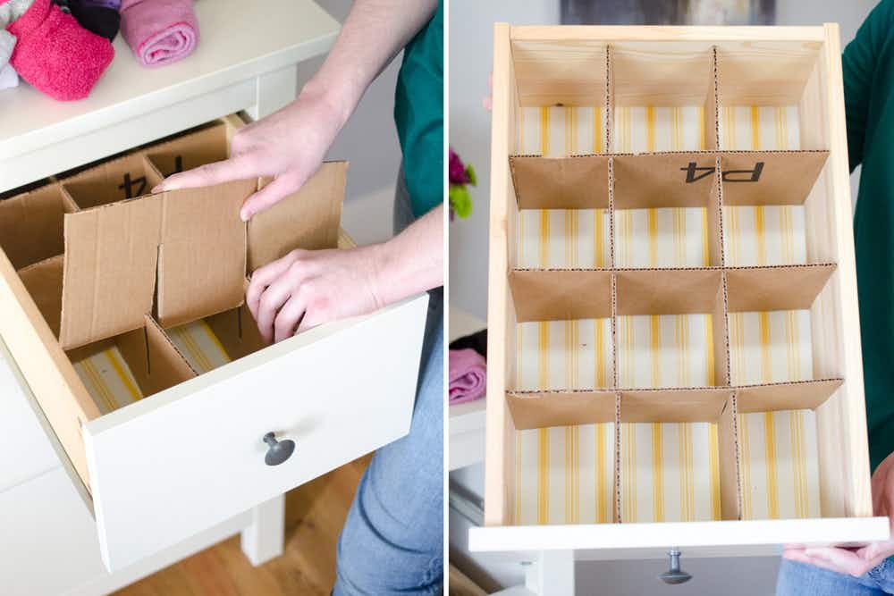 Make drawer dividers with cardboard boxes.