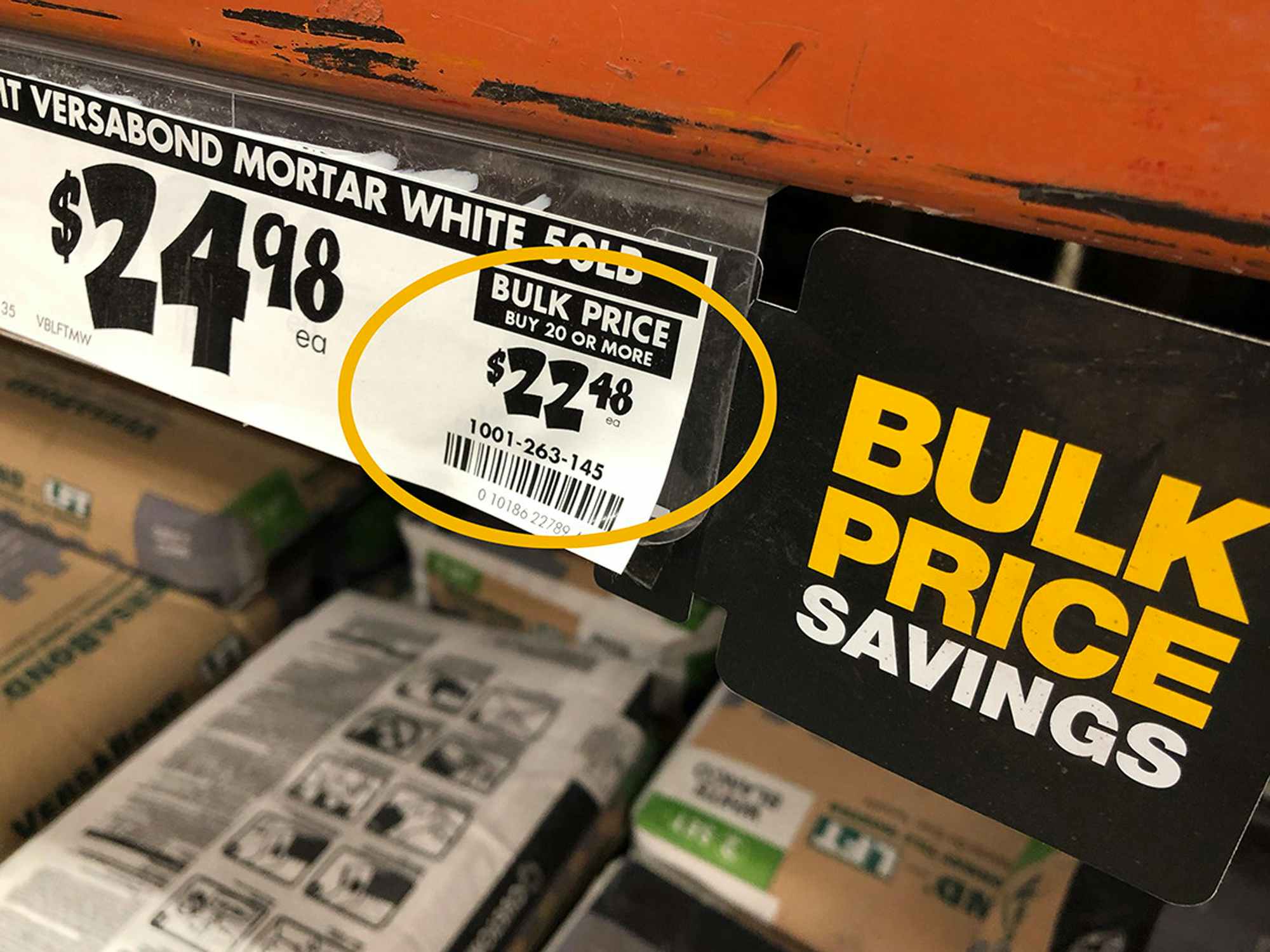 Home depot price tag for mortar at $24.98 a 50 pound bag, with bulk price of $22.48 if you buy 20 or more bags.