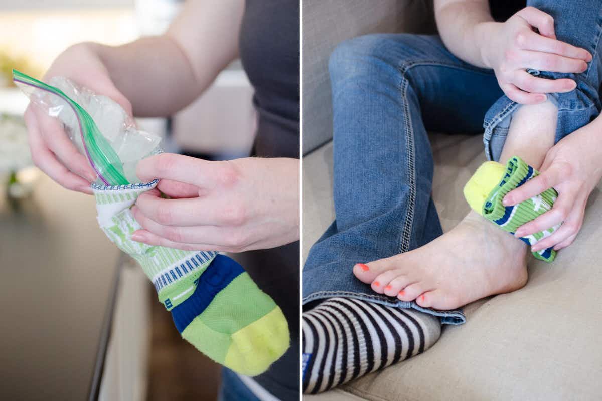 A person putting an ice pack into a sock.