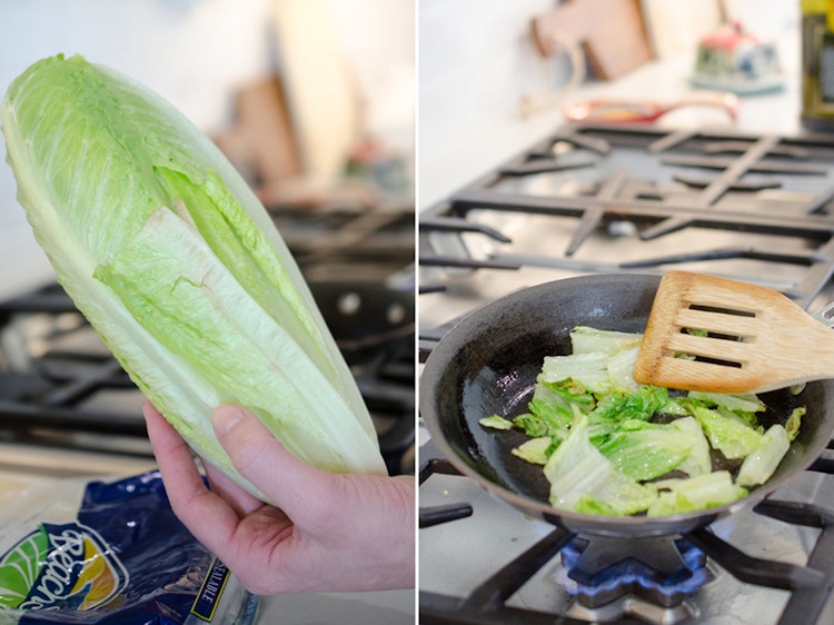 a person sautéing lettuce