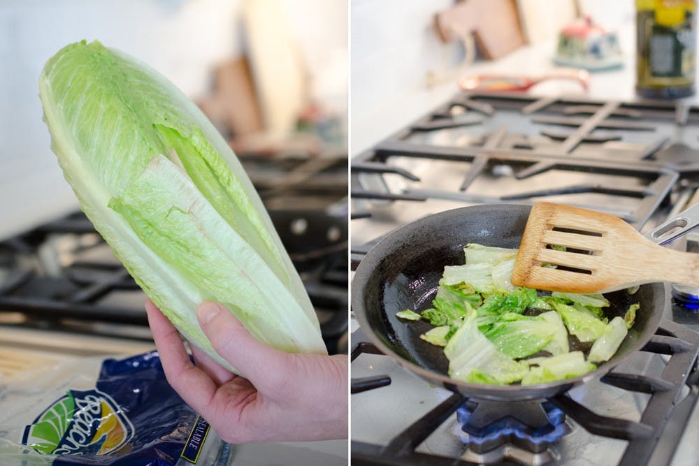 A person holding a head of lettuce next to a person cooking lettuce in a pan on a stove.