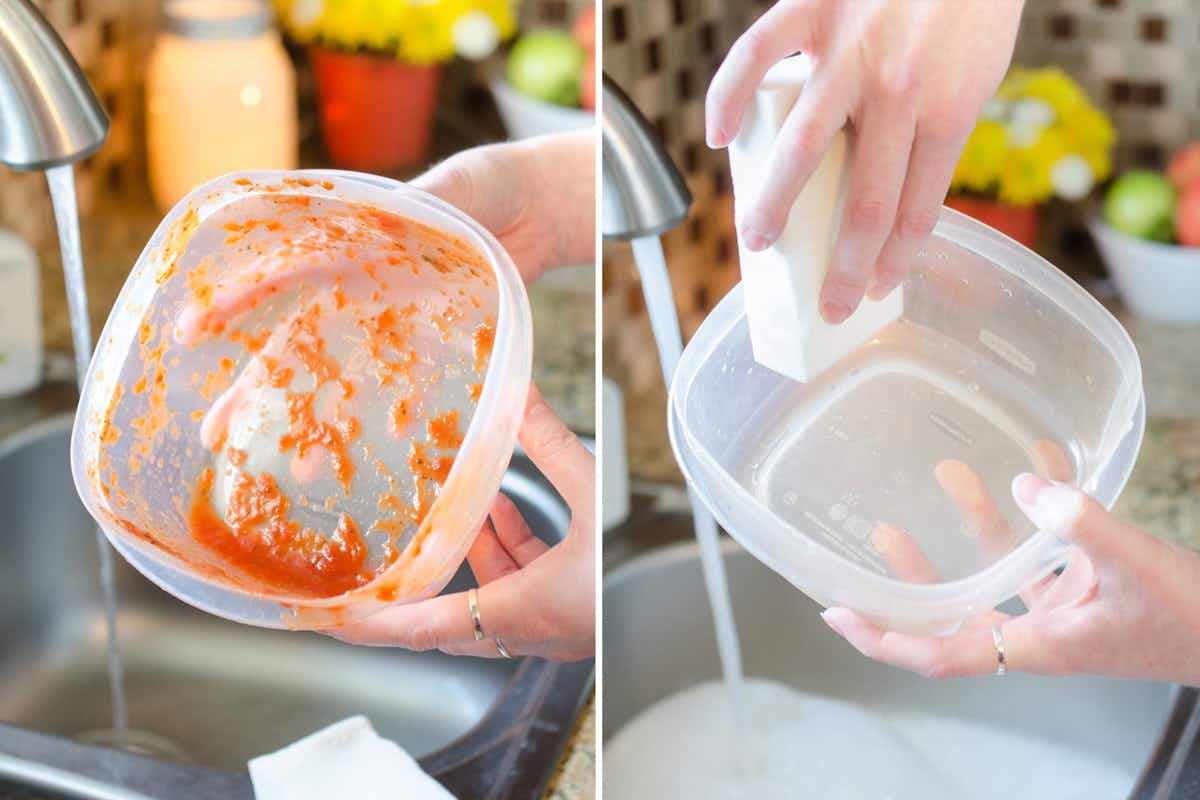 Remove red-sauce stains from plastic food containers.
