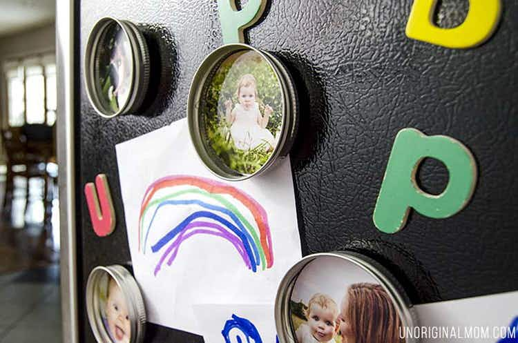 Glue magnets and photos to mason jar lids.