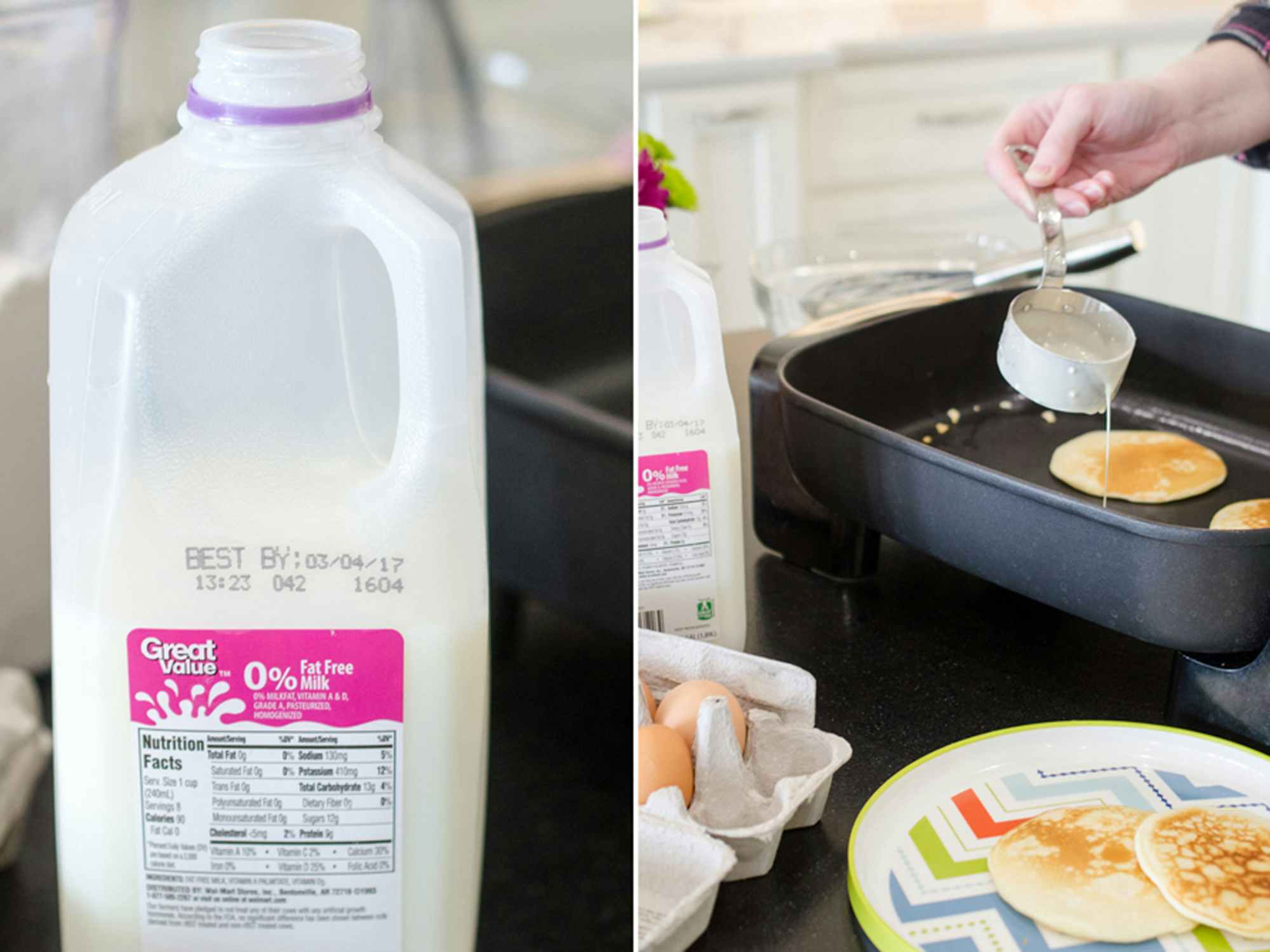 a person making pancakes with milk