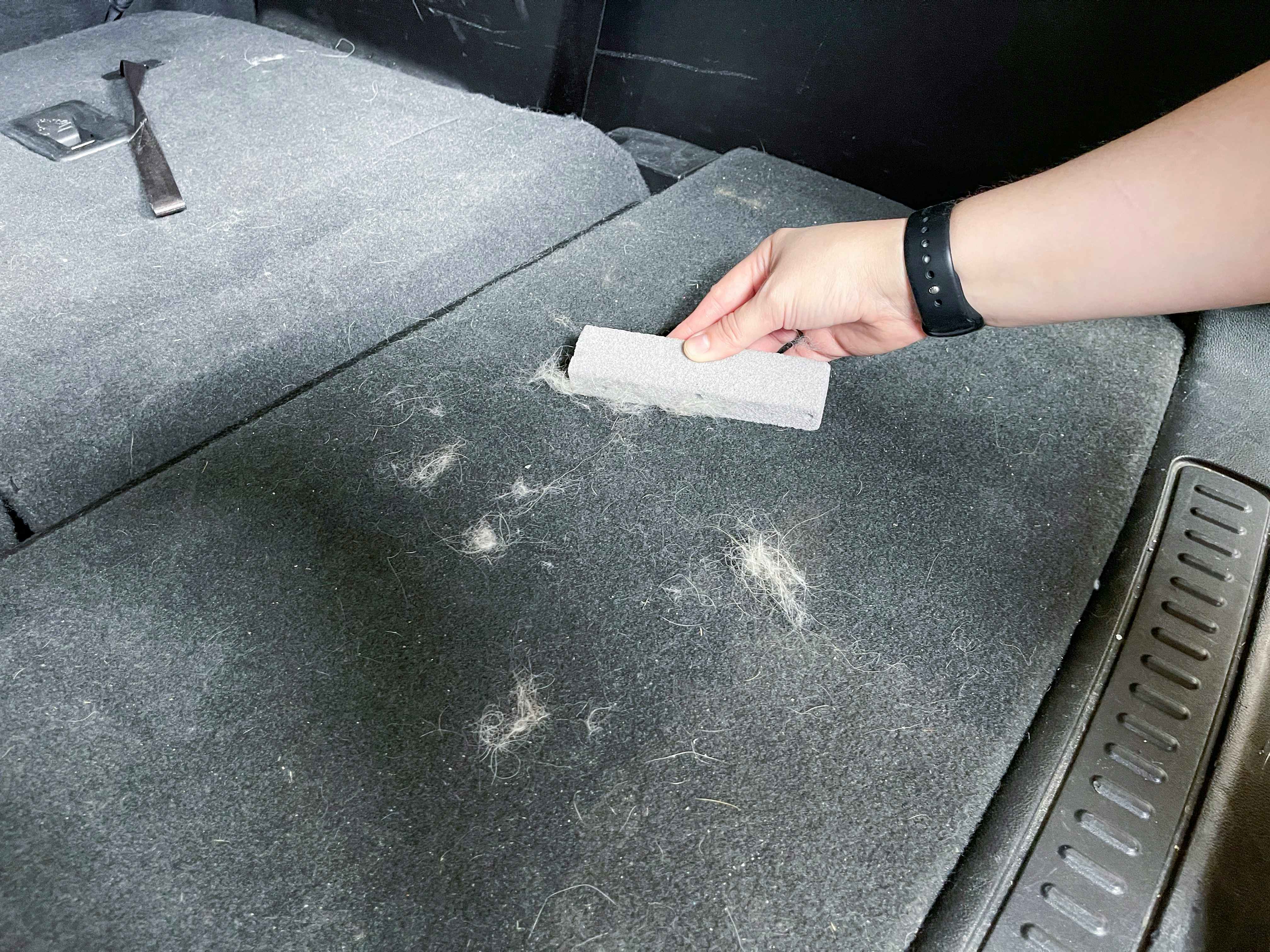 using a pumice stone to pick up pet hair in car